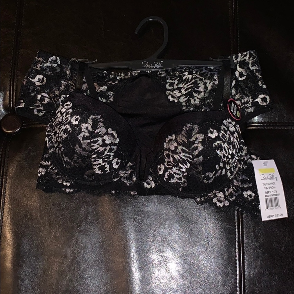 Rene Rofe Bra and Panty Set, Black Lace, 34B / S